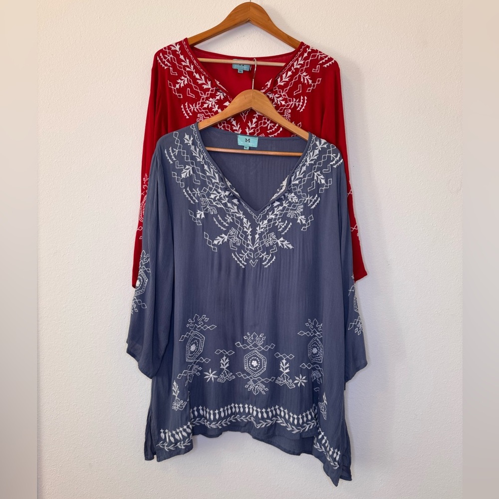South Main Tunic Top Bundle Blue/Red White Embroidery 1XL